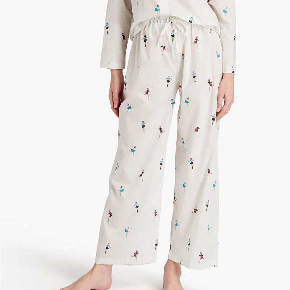 POUR LES FEMMES Cotton-Voile Luxe Pajama Set in Ivory Skater Print Size XL New - Picture 4 of 5